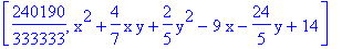 [240190/333333, x^2+4/7*x*y+2/5*y^2-9*x-24/5*y+14]